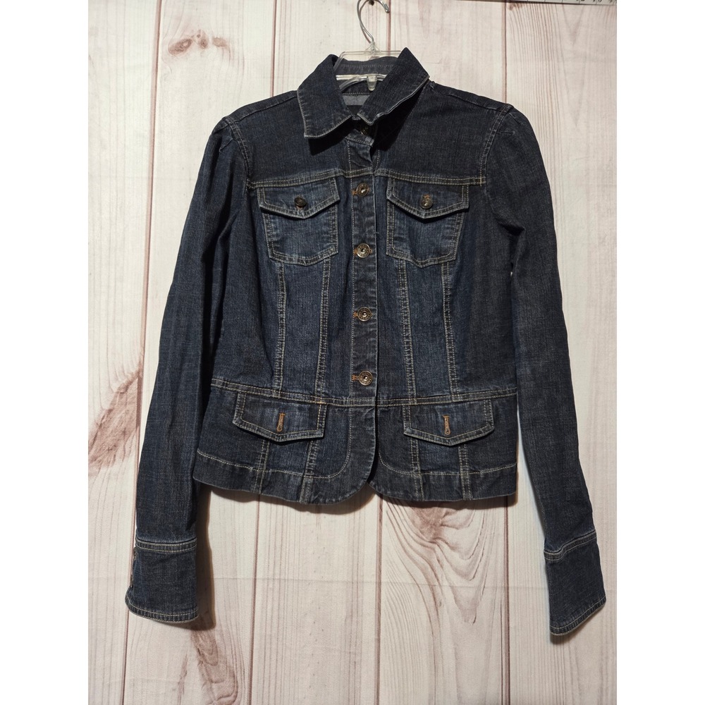 Calvin Klein Womens Dark Wash Denim Jacket Blue‎ Button Front Stretch Size L